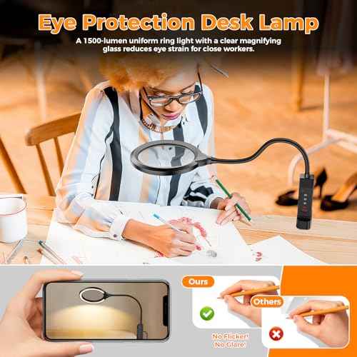 Magnifying Glass with Light and Stand, 15X & 8X Magnifying Lamp with Clamp, 5 Color Lighting Modes Stepless Dimmable LED Desk Lamp Hands Free for Crafts Hobby Reading Painting Sewing Close Work