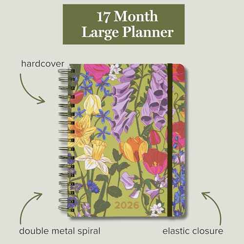 2025-2026 Large Planner Daily Weekly & Monthly, 17 Month Hardcover Agenda Dated Aug 2025-Dec 2026, Cute Planner with Stickers, Pockets, & Spiral Binding, Meadow Bouquet