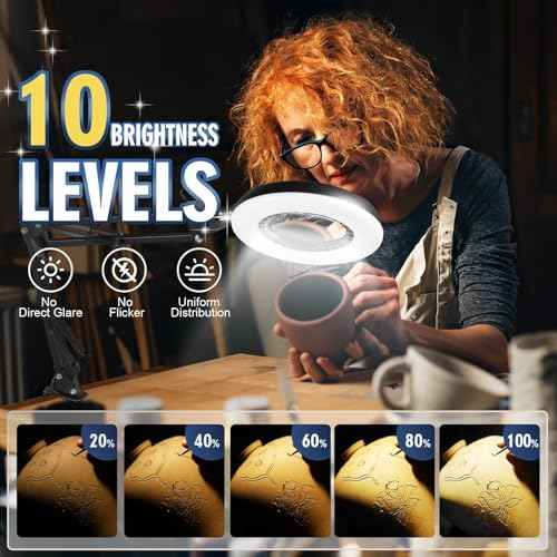 12X Magnifying Glass with Light and Stand, 144 LEDs Brightest Desktop Magnifying Lamp, 10 Dimmable Brightness 5 Color Modes, Hands Free Metal Desk Lamp for Craft Reading Painting Hobby Close Work