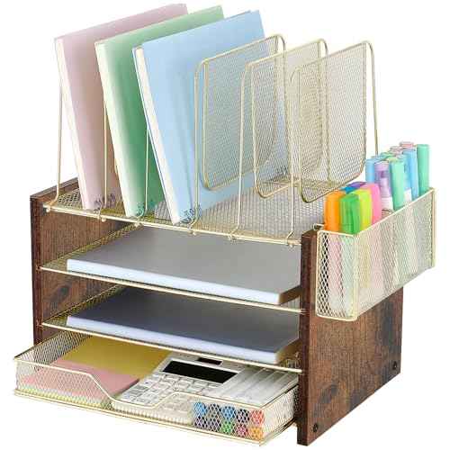 Gold Desk Organizers and Accessories,4-Tier Desktop File Organizer with Drawer, Wood Paper Organizer with 5 Vertical File Holders and Pen Holder for Office Supplies