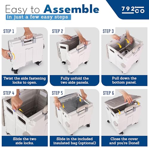 792 & CO Foldable Rolling Crate with wheels for Teachers - Rolling Cart with Wheels & Bonus Insulated Bag - Collapsible Folding Utility Cart for Grocery Shopping & Supplies - Quick Mobile Teacher Cart