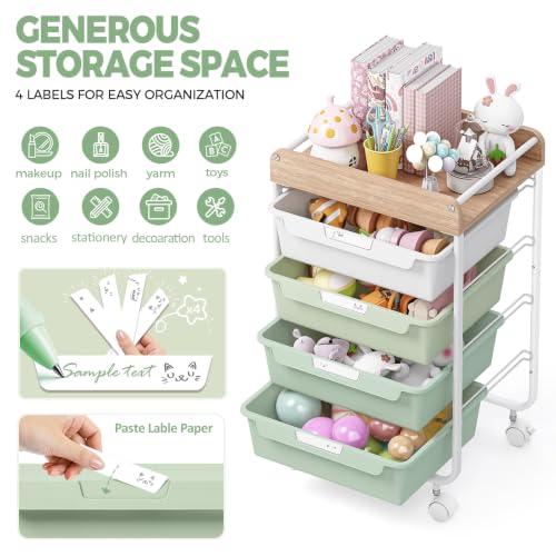 SYKIARIOL Green 4-Drawer Rolling Storage Cart with Wooden Top, Multi-Use Organizer