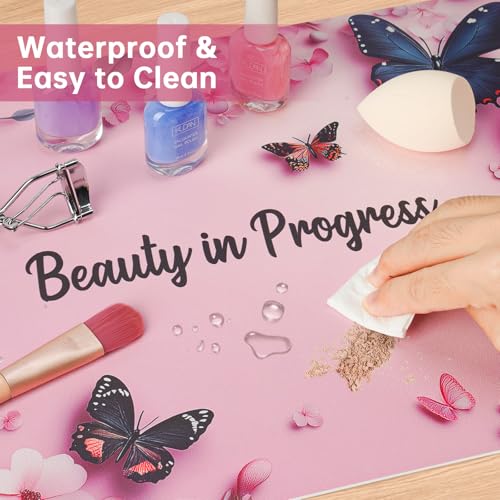 Aphlos Butterfly Dual-Sided Waterproof Synthetic Leather Makeup Mat for Vanity & Craft Station