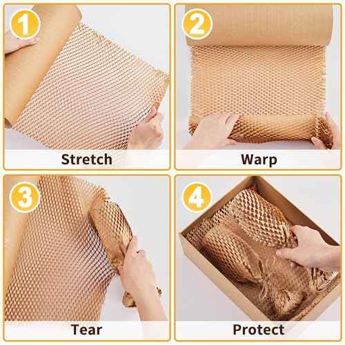 JARLINK Honeycomb Packing Paper, 15"x 412' Bubble Packing Wrap for Packing/Shipping/Moving, Eco-Friendly Bubble Packing Paper Wrapping Roll, Recyclable Moving Supplies With 30 Fragile Sticker Labels