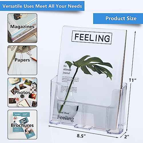 Acrylic Brochure Holder 8.5 x 11 inches, 4 Pack Clear Brochure Display Stand with Removable Divider for Trifold 4 Inches Wide Pamphlet, Plastic Flyer Holder for Magazine, Literature, Booklet