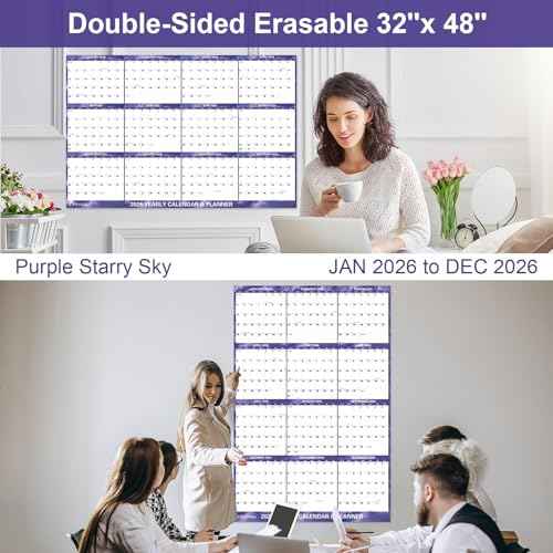 32" x 48" 2026 Wall Calendar Dry Erase - Folded Large Starry Sky Wall Calendar 2026, Wet & Dry Erasable, Laminated 12-Month Annual Yearly Planner, Reversible, Horizontal/Vertical, Purple