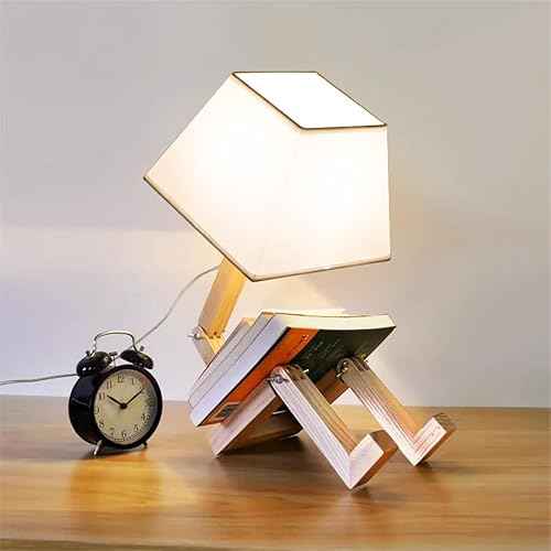 ELINKUME Cute Robot Desk Lamp,Unique Dimmable Bedside Table Lamps for Bedroom,Square Lampshade Night Light with Foldable Wood Body,Fun Kids Lamp,Nightstand lamp for Study,Office,Living Room Decor