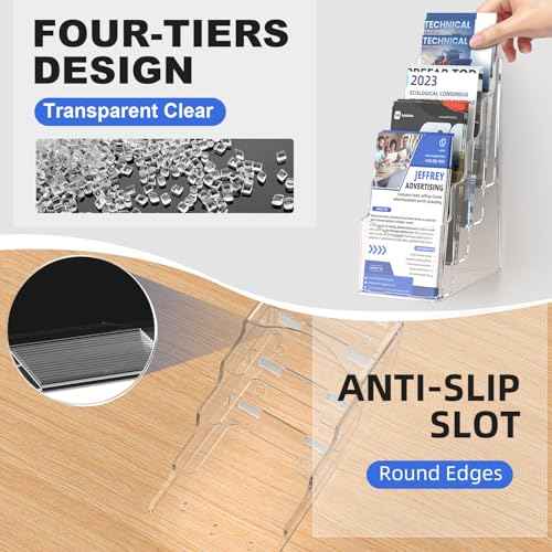 4 Pcs Acrylic Brochure Holder, 4 x9 Inches Flyer Holder, 4 Tier Clear Pamphlet Holder, 4 Inch Wide Magazine Literature Organizer Holder, Brochure Display Stand, for Wall Mount or Desktop Use