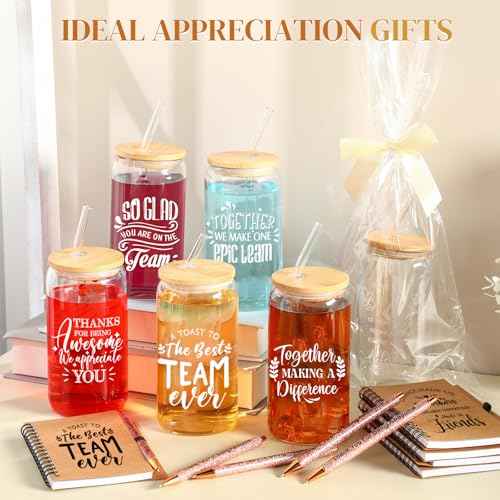 Skylety 18 Pcs Employee Appreciation Gift for Women Christmas Thank You Gifts Bulk for Coworker Team Staff Nurse Teacher 16 oz Glass Cup A6 Inspirational Notebook with Ballpoint Pen Bowknot(Team)