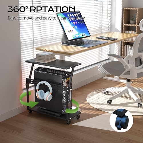 Tyfnry 24In Large PC Stand Black, 5-Level Height Adjustable CPU Holder Cart with Wheels & Hooks