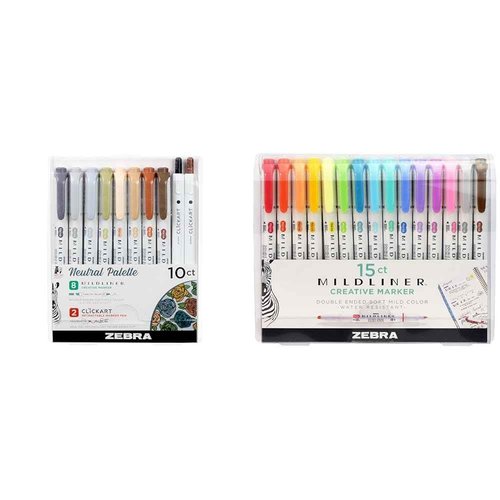 Zebra Pen Neutral Palette Set, Includes 8 Mildliner Highlighters and 2 ClickArt Markers & Mildliner Double Ended Highlighter Set, Broad and Fine Point Tips, Assorted Ink Colors
