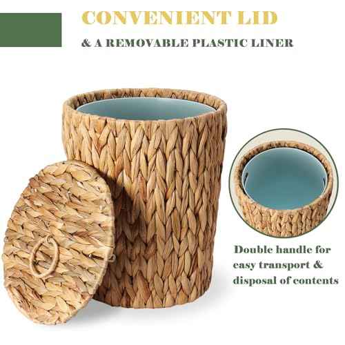 2 Gallon Wicker Trash Can with Lid - Bathroom Garbage Can with Removable Liner Bucket - Boho Hand Woven Water Hyacinth Wicker Waste Basket for Bedroom, Living Room, Home, Office