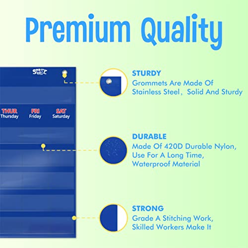 SpriteGru Blue Classroom Calendar Pocket Chart with 76 Cards & 3 Over-Door Hangers - 20x19 Inches