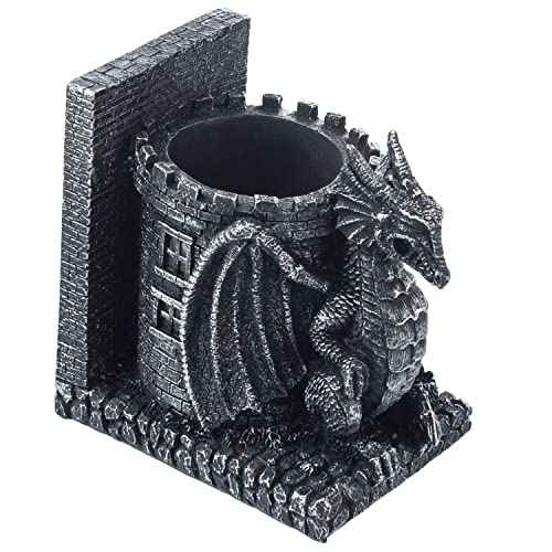 Bookends Dragon, Gothic Black Resin Dragon Guarding Castle Pencil Cup Bookends, Office Desk Book Ends with Decorative Fantasy Dragons and Stone Tower Pen Holders, 1 Pair