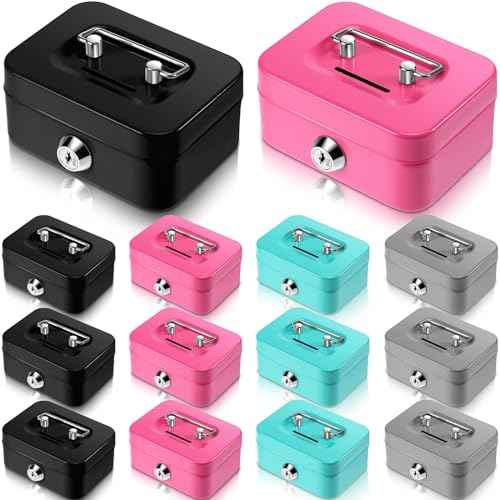 Tandefio 12 Pcs Small Money Cash Box with Lock and Slot Metal Box for Cash Steel Organizer Piggy Bank Metal Coin Bank for Adults, 4.5 x 3.3 x 2 Inch, Without Money Tray, 4 Colors