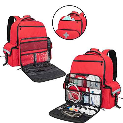 CURMIO Emergency Medical Backpack Empty, First Responder EMT Bag for EMS, Camping, Hiking, Home Health, Field Trips, Red (Bag Only, Patented Design)