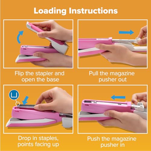 Pink PaperPro One-Finger 3-in-1 Stapler for Up to 25 Sheets, Easy Jam-Free