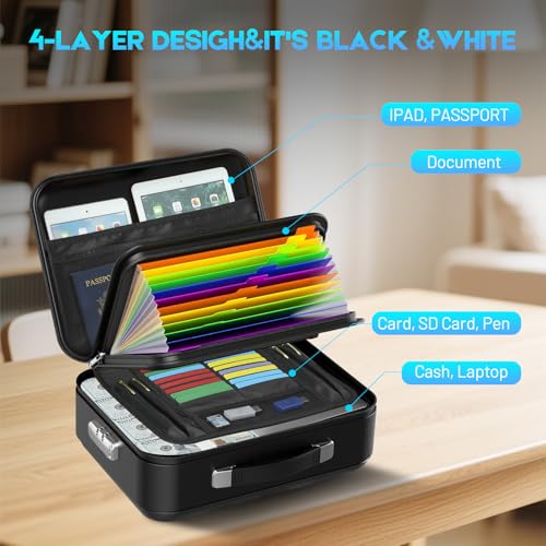 SEEKIND Fireproof Document Box with Lock, Hard-Shell Case File Organizer with Accordion File Folder, Multi-Layer Portable Home Office Travel Safe Box for Important Documents& Valuables (Black)