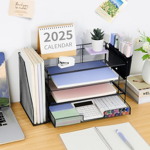 Black 4-Tier Desk Organizer with Drawer & Pen Holders - Office Storage Solution