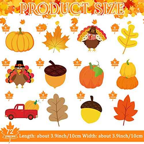 Woanger 72 Pcs Thanksgiving Pumpkin Cutouts Fall Pumpkins Bulletin Board Decoration, Classic Autumn Leaves Acorns Turkey Cutouts for Office Classroom Home Wall Thanksgiving Fall Party Decor