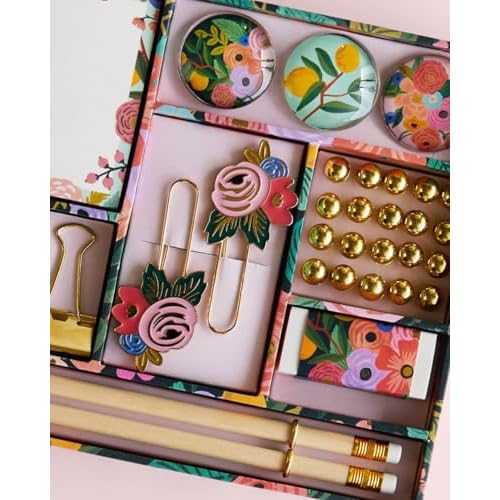 RIFLE PAPER CO. Garden Party Tackle Box, Home Desk and Office Supply Kit, Stay Organized with Pencils, Push Pins, Binder Clips, Paper Clips, Magnets, and More
