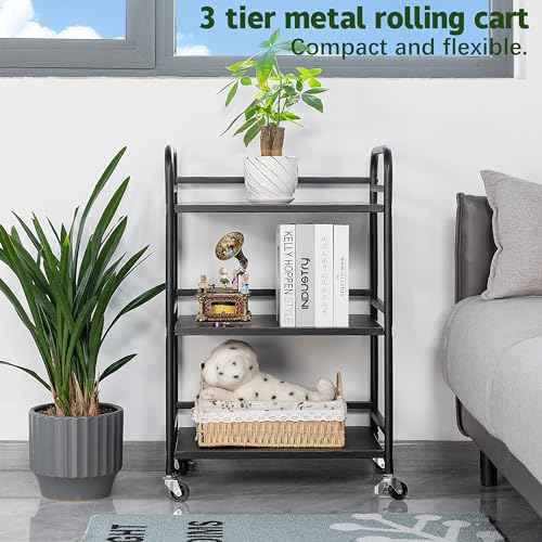 HDANI 3 Tier Rolling Cart Shelves,Heavy Duty Multifunctional Metal Frame-Supports 22 Lbs Per Tier,Rolling Cart with 2 Lockable Wheels for Home,Office,Kitchen,Bathroom,Bedroom,Black