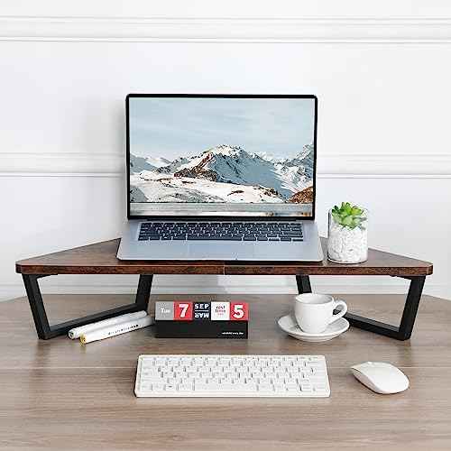 TEAMIX 26 inch Triangle Monitor Stand Riser, Desktop Corner Shelf with Metal Leg Wood Computer Stand with Storage Laptop Riser Office Organization