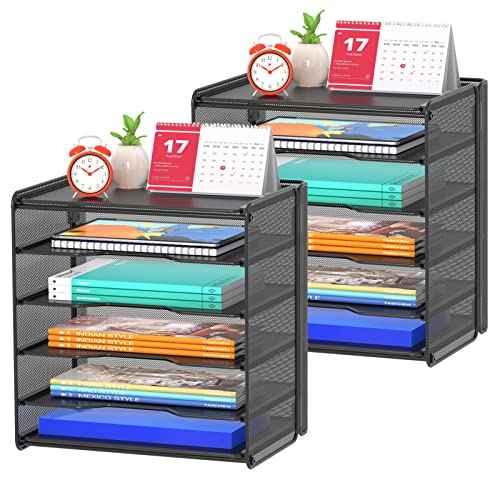 Samstar 2 Pack Paper Letter Tray, Mesh Desk File Organizer with 5 Tier Shelf and Sorter, Black