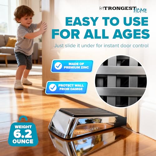 Chrome Heavy Duty Door Stopper Set - Non-Slip Wedge for Heavy Doors, 2 Pack + Wall Protectors - Standard Variation