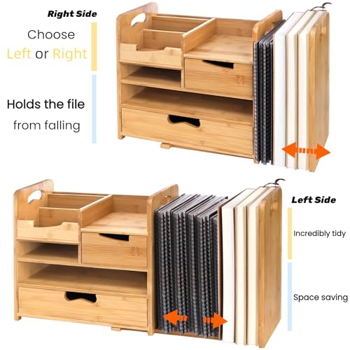 ZOOFOX Bamboo Desk Organizer with Adjustable File Holder, Mail Organizer Countertop with Drawer, 4-Tier Desktop Organization and Desk Accessories for Home Office School Supplies, No Assembly Required