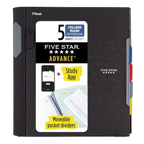 Five Star Advance 5 Subject Spiral Notebook Black 1 Pack, 8.5 x 11, 200 Sheets, Study App Compatible