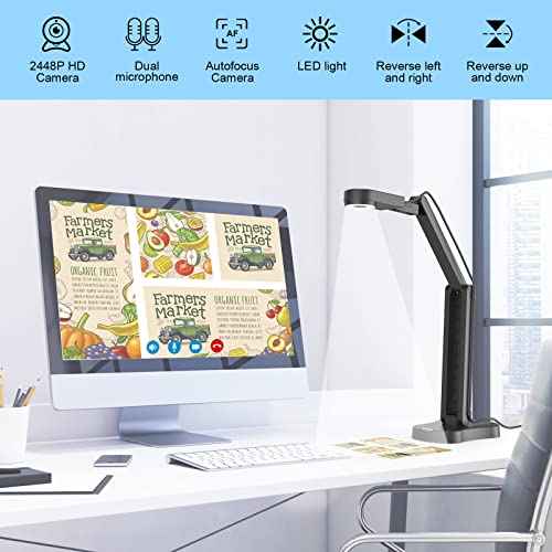 8MP USB Document Camera for Teachers and Classroom for A3 A4 Size with Dual Mic, 3-Level LED Light, Up and Down, Left and Right Image Inversion, for Distance Teaching & Learning