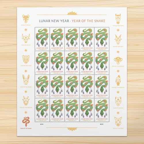 United States Postal Service Celebrating Lunar New Year: 2025 Year of The Snake, Sheet of 20 Postage Stamps