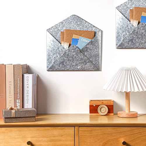 2 Pcs Galvanized Metal Envelope, Wall Mail Organizer Holder Mounted Rustic Wall Holder Farmhouse Pocket for Storage Mail Postcards Letters Bills Home and Office Decor