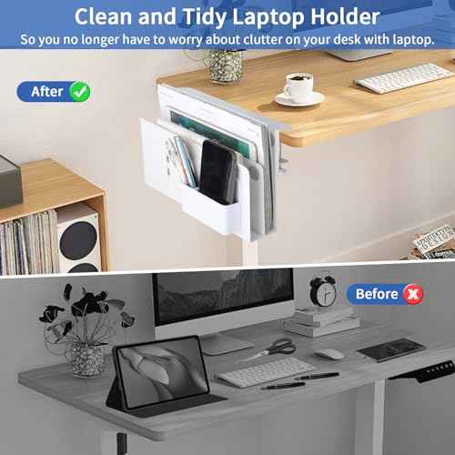 LUKETURE Desk Side Storage, 2 Tier Steel Side Desk Organizer, No Drill Laptop Holder, Clamp on Laptop Mount with Pen Holder, Fits Flat Edge Tables 0.3" to 2.8" (White, L(2 Tier))