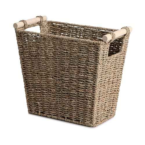 StorageWorks Seagrass Waste Basket for Living Room, Wicker Trash Can with Wooden Handles for Bedroom, Bathroom Trash Can, 12 Liter, 1 Pack
