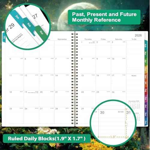 2026 Planner - 2026 Planner Weekly and Monthly, 9" x 11", Jan.2026 - Dec.2026, Planner 2026 Weekly and Monthly with Colorful Tabs, Strong Twin-wire, Back Pocket - Dreaming Moon