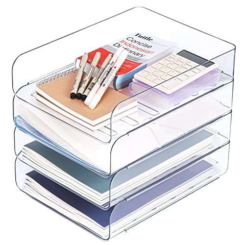 Set of 4 Office Organization and Storage, Clear PET Letter Tray Desk Organizer, Stackable Paper Tray Organizer for Desk Accessories, Notes, Pens, File Paper, Document