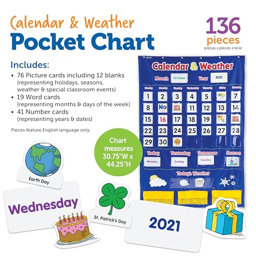 Learning Resources Calendar & Weather Pocket Chart - Classroom Calendar, Calendar and Weather Chart for Classroom, Teacher and Back to School Supplies