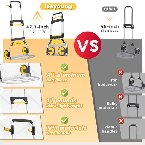 Aluminum Folding Hand Truck 309lb Capacity - Collapsible Dolly Cart with 47.3" Adjustable Handle, TPR Wheels & Portable Hand Truck Design, 11lbs Lightweight Storage Solution (No Assembly)
