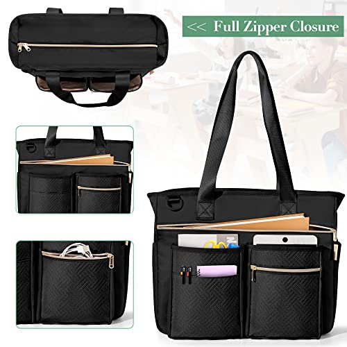Fasrom Black Teacher Tote Bag for Women with 6 Exterior Pockets, 15.75in Laptop Sleeve