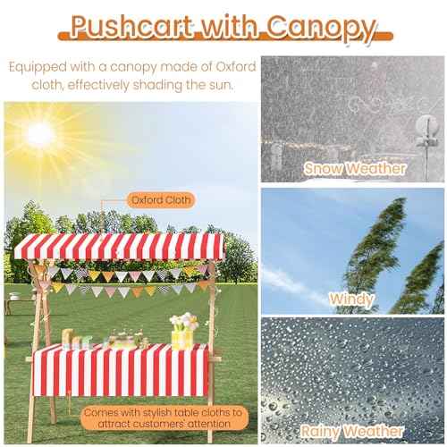 JYHHCYS Foldable Food Cart with Wheels for Business, Portable Wooden Market Stall Display Stand for Outdoor Vendor, Mobile Lemonade Stand Cart with Canopy for Events(White,Large)