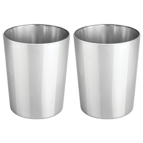 mDesign Round Metal Small 1.7 Gallon Recycle Trash Can Wastebasket, Garbage Container Bin for Bathrooms, Kitchen, Bedroom, Home Office - Durable Stainless Steel - Mirri Collection - 2 Pack - Chrome