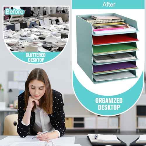 Tatuo 6 Pack Stackable Paper Trays Plastic Letter Tray Desk Organizer Paper Holder Organizer Storage Office Desk Accessories for Classroom Magazine File Documents 12.8 x 9.45 x 1.97, Blue Green