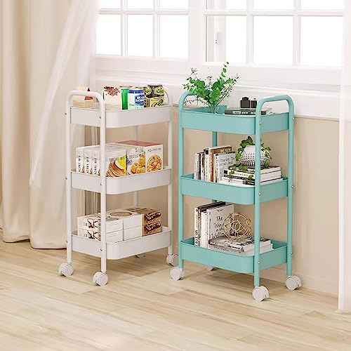 XIUSHE 3-Tier Metal Utility Cart Rolling Storage Organizer, Portable and Sturdy, Ideal for Office, Kitchen, Bathroom, Kids' Room, Classroom, White