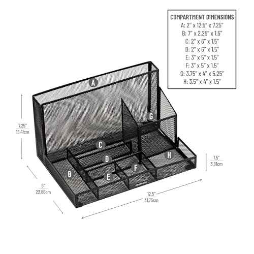 Mind Reader Desktop Organizer with Office Supplies Included, Vertical File, Storage, Metal, 12.5"L x 9"W x 7.25"H, Black