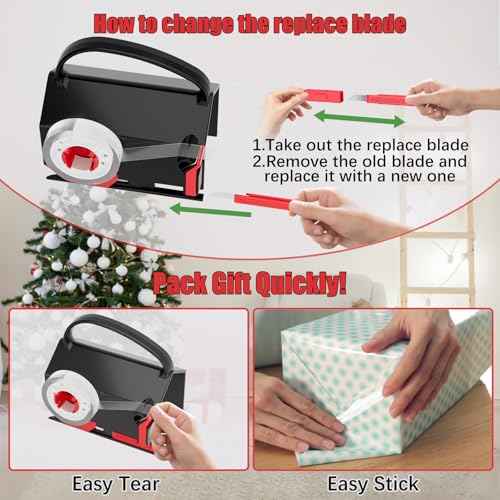 2-Pack Wrapping Paper Cutter & Tape Dispenser for Christmas Gift, Improve Gift Packaging Efficiency, Makes The Cutting line straighter, Cutting Tool with 4 Tapes£¬2 Replace Blades Kit, Red and Black