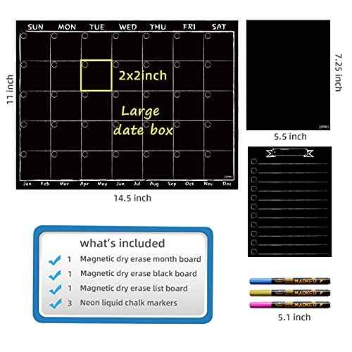 Magnetic Chalkboard Monthly Calendar with neon Bright Liquid Chalk Markers ? Black Refrigerator Monthly Planning Board w/Bonus - Grocery List and Notepad for Kitchen Refrigerator