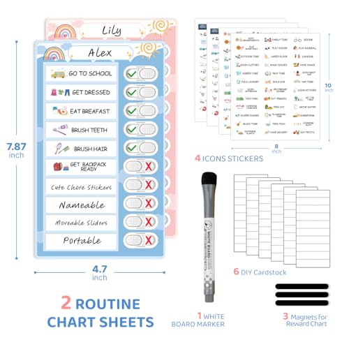 2 Pack Magnetic Kids Chore Chart with Dry Erase & Stickers - CustomMaster Blue & Pink