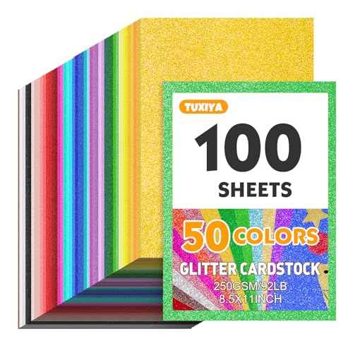 100 Sheets 8.5" X 11" Glitter Cardstock,50 Assorted Colors 250GSM/92LB Glitter Cardstock,No-Shed Sparkly Glitter Paper for Arts and Crafts, Decorative, Card Making, Scrapbooking, DIY Projects